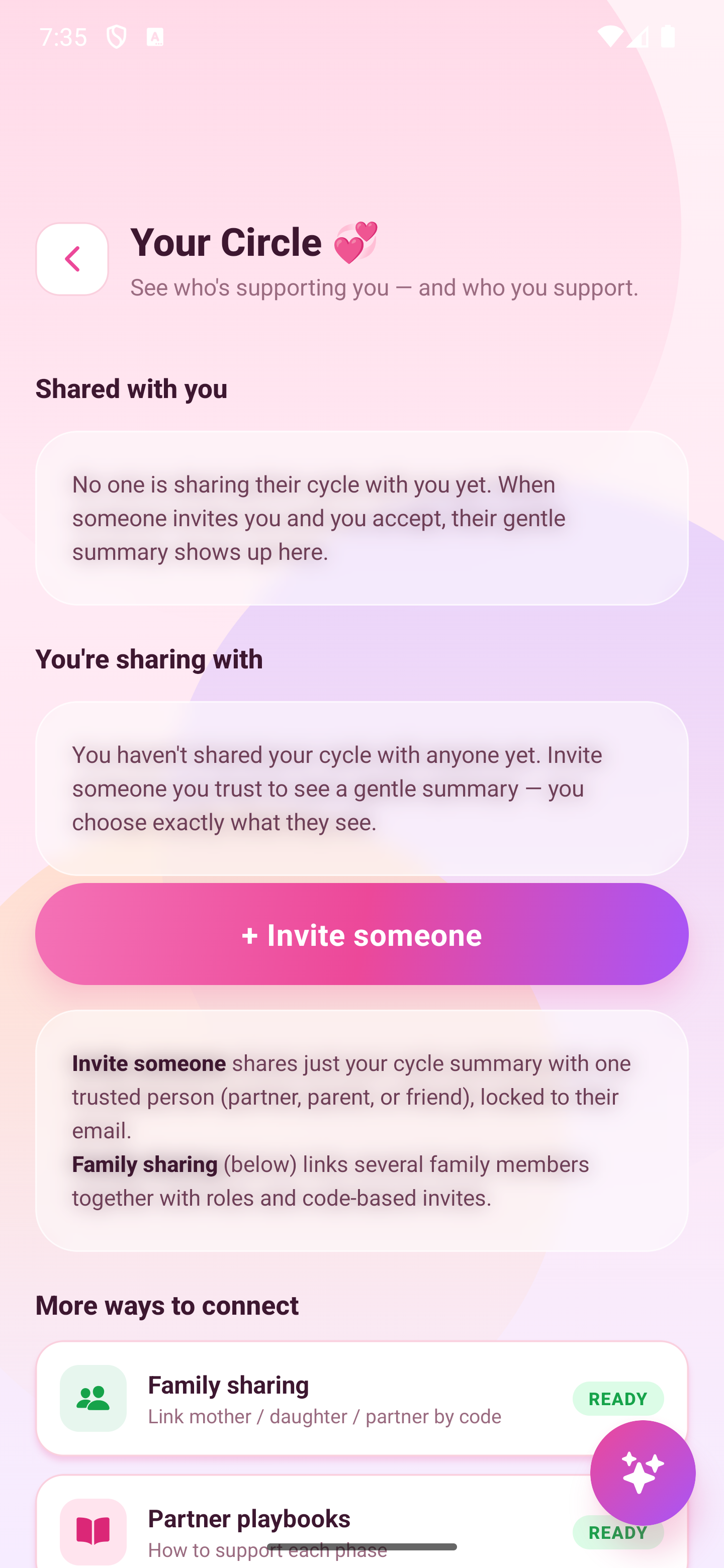 Aavili partner and family sharing screen with permission-based controls
