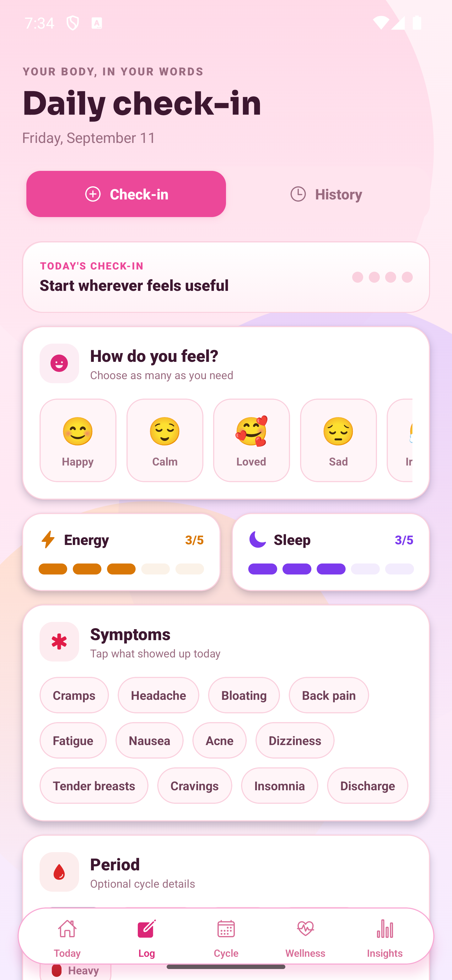 Aavili Today screen with a cycle summary and practical daily care plan